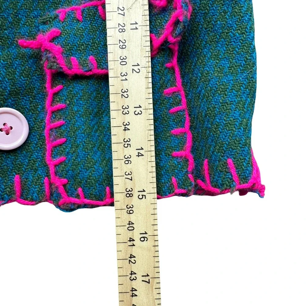 Harris Tweed Trench Coat Size 5 Green Pink Thrift Flip Virgin Wool Front Button